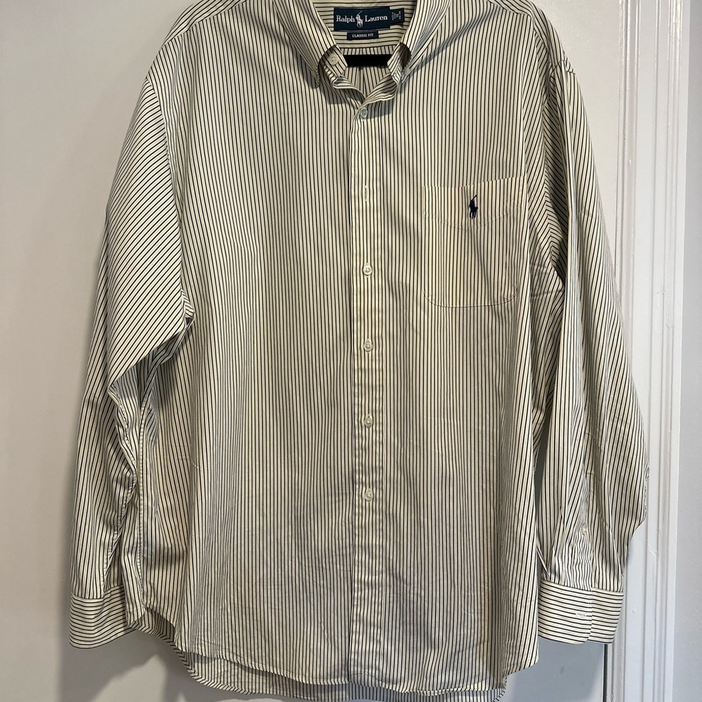 NWOT Ralph Lauren Mens Sz: 18 34/35 Classic Fit Blue/ Yellow Striped Dress Shirt